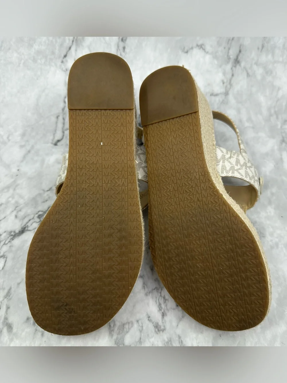 Michael Kors Ivory Logo T-Strap Sandals with Gold MK Medallion